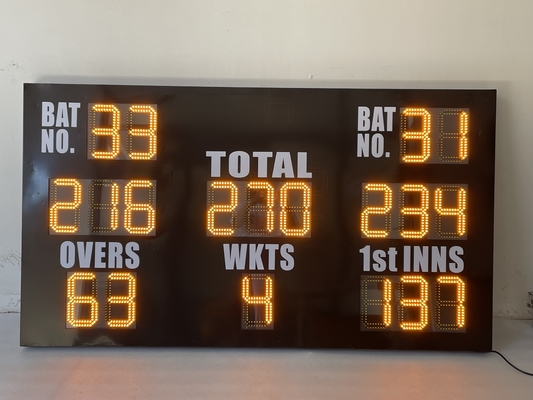 Dell'interno all'aperto principale giallo standard del tabellone segnapunti del cricket della Gran-Bretagna
